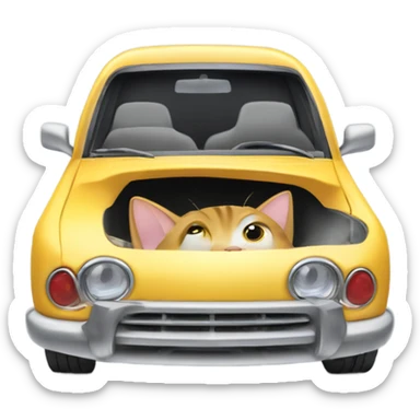 A cartoon emoji-style car with a curious cat peeking out from the open hood of the engine compartment. sticker