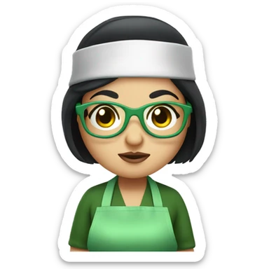 chubby lady with black hair and big eyes green apron  with glasses cooking  sticker