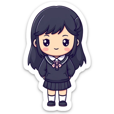 Happy Japanese schoolgirl with long black hair and blushing face sticker
