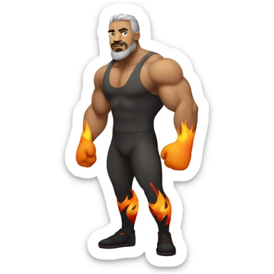 wrestler with brownish gray hair, goatee, flames on tights, muscular build sticker