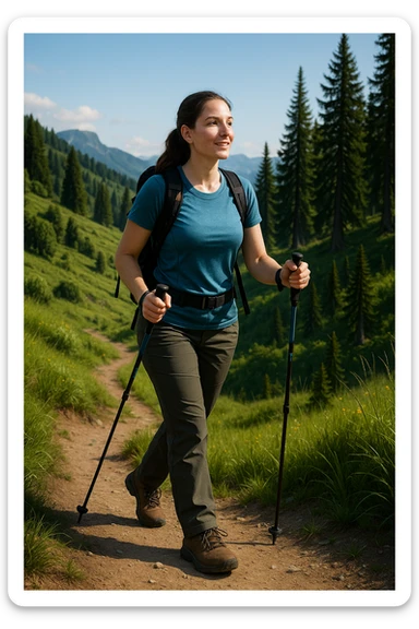 a lady hiking, wearing practical hiking clothes, in a scenic landscape sticker