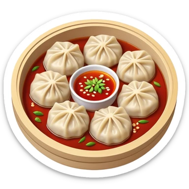 Chongqing Zhong Dumplings with red chili oil sauce, simplified emoji style with bold outlines and bright colors, cartoon style Sichuan spicy boiled dumplings sticker