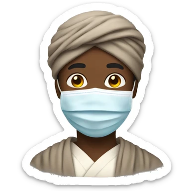 Black man with a turban wearing a robe and a face mask sticker