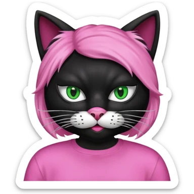 a black cat with pink mask and shirt, half upon
 sticker