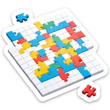 A colorful puzzle piece, a crossword magazine, a 3D puzzle, and a partially completed puzzle picture on a table. Bright colors, minimalist design, modern style. Transparent background, suitable for puzzles and brain games. sticker