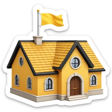 simple school, white background, magic school, black roof, with a big flag, big flag on a roof, big yellow flag, white school sticker