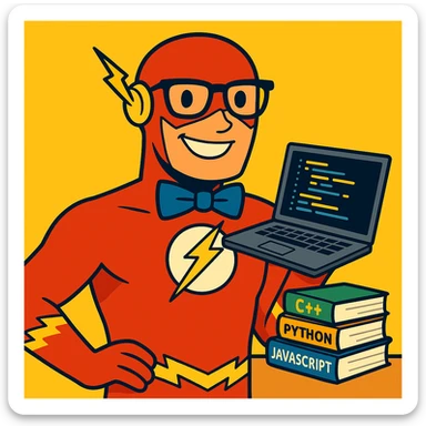 Make The Flash a nerdy programmer, add a laptop, code on the screen, and a stack of programming books, vibrant toon style. sticker