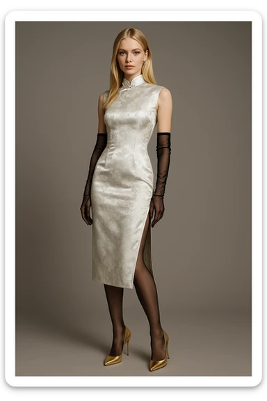 Nordic model girl, blonde with blue eyes, in a platinum qipao with floral patterns, black sheer gloves and stockings, gold heels, elegant and poised sticker