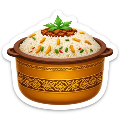 Cinematic Realistic Biryani Dish Emoji, depicted as aromatic basmati rice layered with spiced meat and herbs rendered with vibrant textures and warm, inviting lighting. sticker