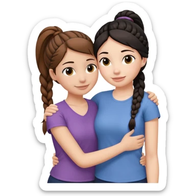 Comforting Hug two white skin women, one shorter woman with brown hair in simple top ponytail, not braided, and one taller woman with black hair in long side braid sticker