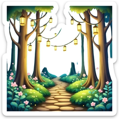 enchanted forest with tall trees, sparkling lights, whimsical atmosphere sticker
