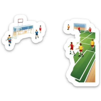 A mini-football match in an indoor sports hall with wooden flooring and clear field markings. The scene shows a vibrant game in action, with players positioned on the court, the goalposts visible, and the atmosphere filled with energy and focus. sticker