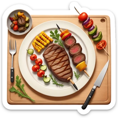 icon featuring a chef’s hat, a cutting board with fresh ingredients, a knife, a beautifully cooked ribeye steak, shashlik skewers, and a plate of food in the making. The design captures the passion of cooking with warm, inviting colors, and realistic textures. Transparent background. sticker