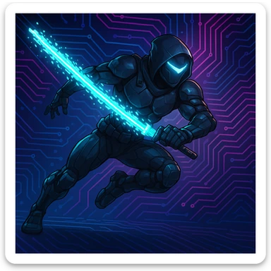 Add a glowing digital sword to the cyber ninja, keeping the original style and background intact. The style is cyber ninja with a digital, futuristic look, so the sword should have a glowing, high-tech digital effect that fits seamlessly with the cyber ninja theme. sticker