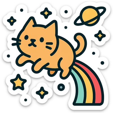 flying cat pooping rainbows in outer space with stars and planets sticker