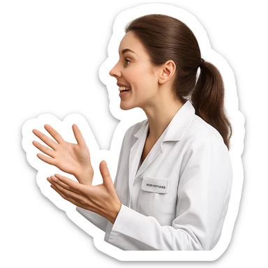 3D render of a female nutritionist wearing a white lab coat, side view, passionately discussing, hand gestures, bright expression, isolated white background, hyperrealistic 4K details sticker