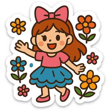 girly girl wearing a bow and frilly skirt, smiling, surrounded by flowers, vibrant toon style sticker