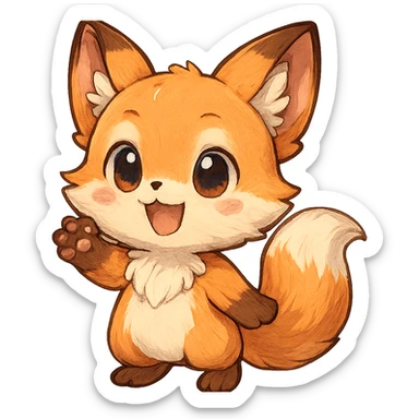 chibi anime style fox character, cheerful, waving hello, cute, colorful, detailed sticker
