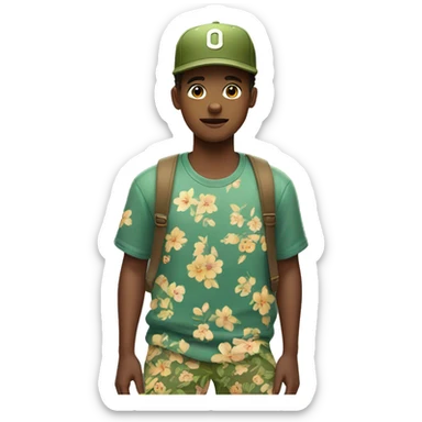 young man in floral pants and olive baseball hat sticker