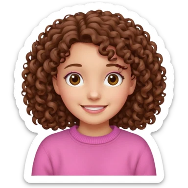 girl with curly brown hair and pink jumper, smiling sticker