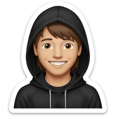 20 yr old man, brown hair, straight, big smile, white teeth, tanned skin, bangs, black hooded sweatshirt, long hair in back, center-parted bangs sticker