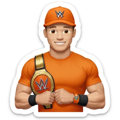 John Cena in orange cap and tshirt with wwe championship sticker
