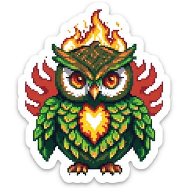 Duolingo green owl mascot with fire flames sticker