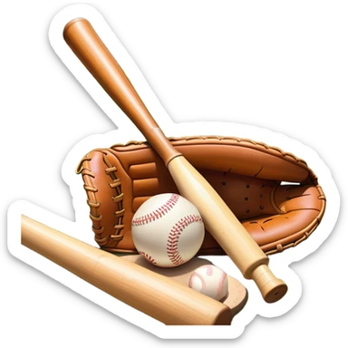 A baseball bat, ball, and glove resting on the ground, set against the backdrop of a baseball field. The scene captures the iconic equipment of the sport, with the field in the distance and a bright sky above, evoking the spirit of the game. sticker