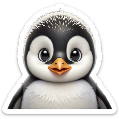 Cinematic Comical Baby Penguin Portrait Emoji, Head tilted dramatically with an exaggeratedly shocked expression, featuring delightfully fluffy plumage with wide, comically expressive eyes full of humorous disbelief, Simplified yet hilariously expressive features, highly detailed, glowing with a slightly sassy polar glow, high shine, dramatic yet playful, stylized with an air of cheeky innocence, soft glowing outline, capturing the essence of a meme-worthy baby penguin that seems ready to side-eye its way into viral fame! sticker