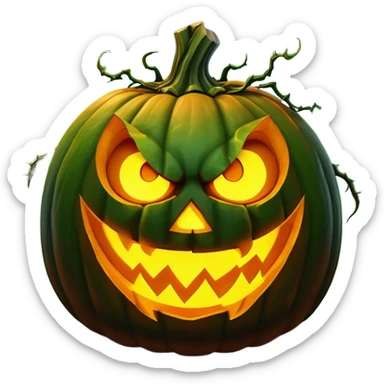Create an emoji of a carved pumpkin with glowing eyes and a wicked grin. The pumpkin should be glowing from the inside, with shadows creeping out. Make the pumpkin look ominous and menacing, with green tendrils wrapping around it. The face of the pumpkin should appear evil, with exaggerated jagged teeth, and there should be dark smoke rising from its top. sticker