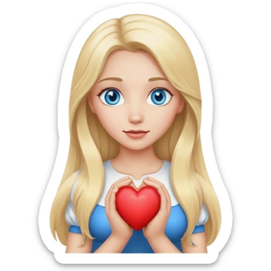 A realistic blonde with long hair and blue eyes holds a heart in her hands sticker