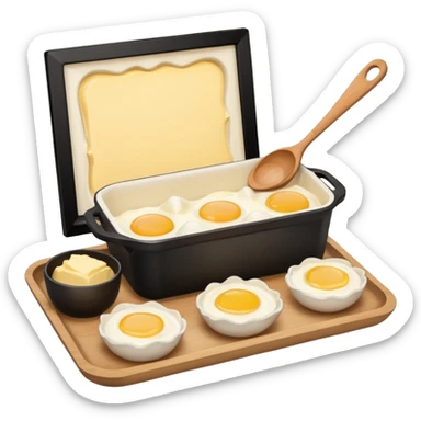 A carton of eggs, butter and a cream ceramic baking bowl with a wooden spoon in it sticker