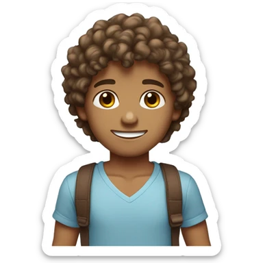 cute tan skinned guy with brown soft curly hair, darkbrown eyes, wearing a lightblue tshirt sticker
