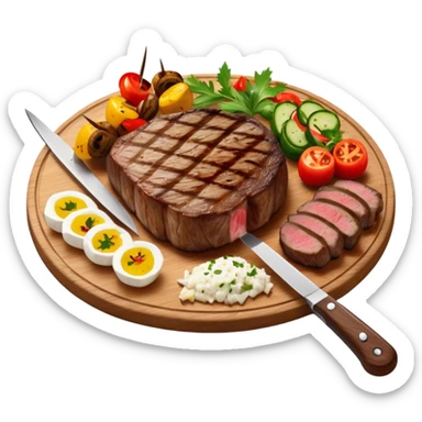 icon featuring a chef’s hat, a cutting board with fresh ingredients, a knife, a beautifully cooked ribeye steak, shashlik skewers, and a plate of food in the making. The design captures the passion of cooking with warm, inviting colors, and realistic textures. Transparent background. sticker