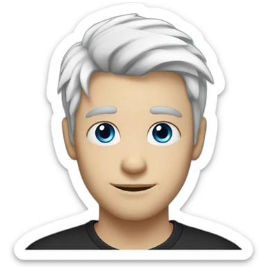 A young man with a white hair and blue eyes, with a black t-shirt sticker