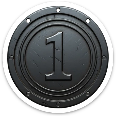 Minimal emoji, gothic metal coin made of black steel, engraved number 1 at the center, ancient industrial aesthetic, worn metal texture, no glow, no neon, flat emoji design, centered, transparent background sticker