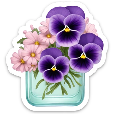 composition of aesthetically pleasing purple pansies, pastel pink daisies and a rosy vintage-style perfume bottle sticker