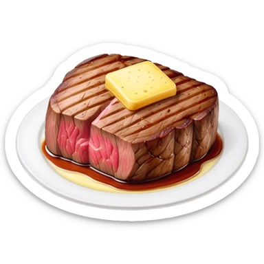 Cinematic thick-cut steak, perfectly seared with grill marks, a juicy pink center, butter melting on top, rich and savory, warm glow, sizzling and mouthwatering, highly detailed and appetizing. sticker