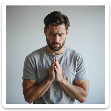 realistic 30-year-old man suffering from anxiety, hands nervously clasped, anxious expression, light background sticker