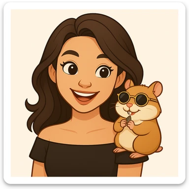 Change the hamster's sunglasses to heart-shaped sunglasses. Keep the playful, adorable vibe and the fun, carefree moment between the woman and her hamster. Maintain the modern, clean, warm style. sticker