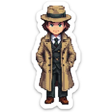 Штирлиц as a pixel art character, retro spy theme sticker