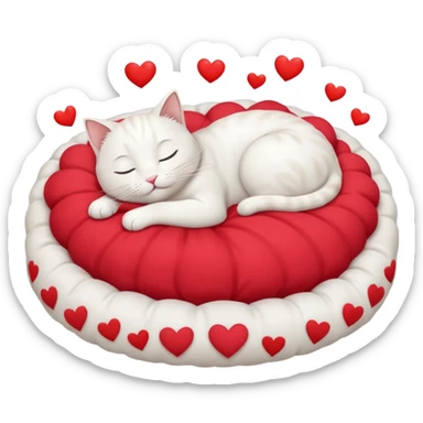 White cat sleeping in a bed full of hearts sticker