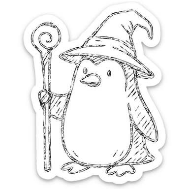 whimsical penguin wizard holding a staff, wearing a wizard hat, hand drawn outlined icon sticker
