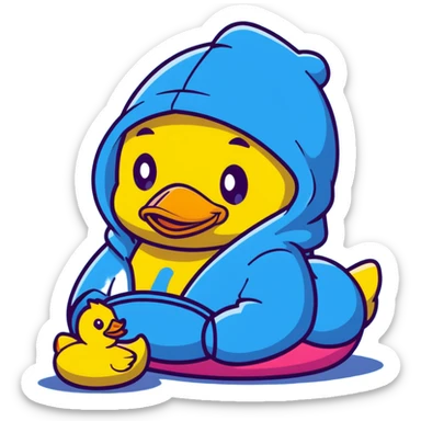 Cute yellow rubber duck wearing a colorful hoodie sticker
