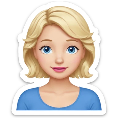 Girl Blonde short wavy hair,  blue eyes, cute blue top, long lashes, pink lips, smiling, 🤦🏻‍♀️ sticker