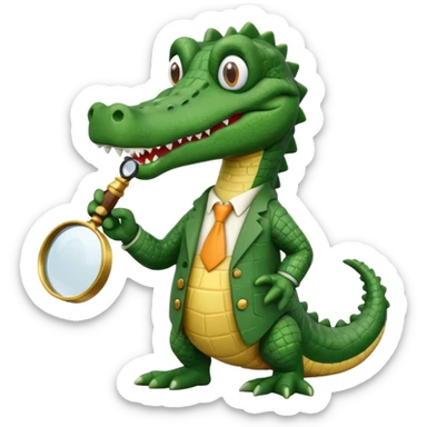 Add a solid white circle background behind a claymation style alligator professor with a magnifying glass, keeping the original style and lighting. sticker