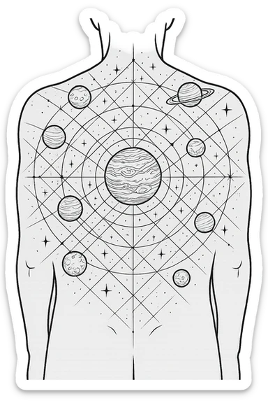 a design for an immersive back tattoo, showing linework of galactic planets and a glalactic ley lines matrix map. black linework sticker