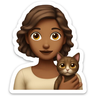 Brown girl with brown hairholding brown cat sticker