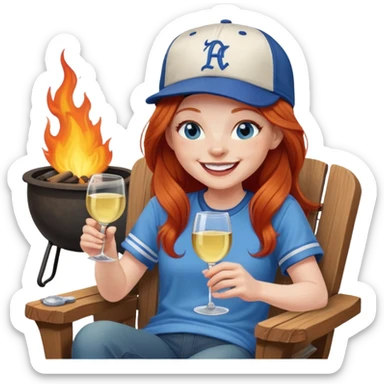 Laughing redhead with long hair and blue eyes wearing baseball cap holding white wine sitting in chair beside fire pit sticker