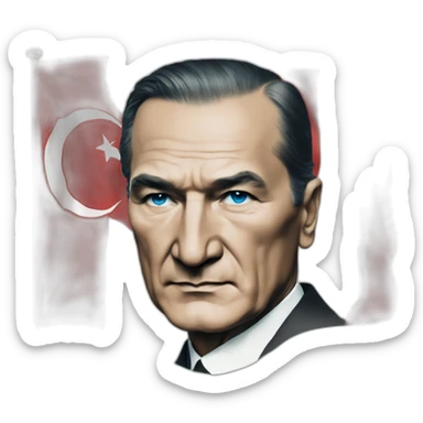 a portrait of mustafa kemal ataturk with blue eyes looking at turkey flag sticker